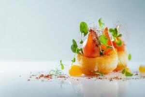 Gourmet appetizer with tomato, herbs, and spices on a crispy base. photo