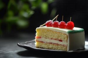 Delicious slice of cake with cherries. photo