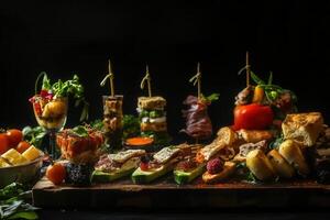 Delicious tapas assortment on wooden board. photo