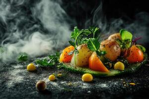 Steamed vegetable platter with herbs and spices. photo