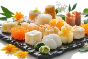 Assorted Japanese cuisine dishes arranged on a black slate. photo