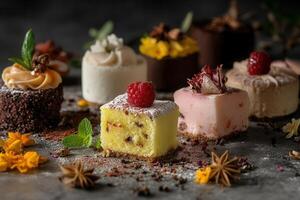 Assorted mini cakes, pastries, desserts, displayed on a textured surface with fresh herbs and spices. photo