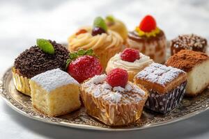 Assorted mini cakes and pastries on a decorative plate. photo