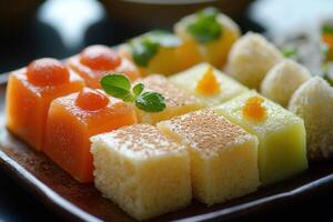 Assorted colorful small cakes, square shaped, topped with sweet fillings and fresh mint leaves on a plate. photo