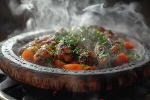 Steaming tagine with chicken, vegetables, and herbs in a rustic clay pot. photo