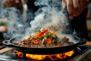 Sizzling dish being prepared with smoke and vibrant ingredients. photo