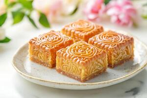 Four golden square pastries on a plate with flowers. photo