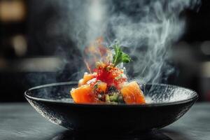 Steaming salmon dish with garnish on black plate. photo
