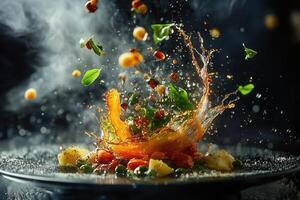 Delicious food with vegetables, herbs, and sauce splash. photo