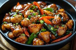 Delicious chicken stir-fry with vegetables and sesame seeds in a black bowl. photo