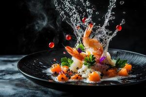 Gourmet shrimp dish with water splash, garnished with edible flowers and black seeds, served on a black plate. photo