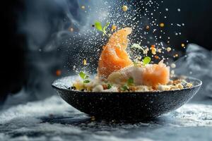 Smoked salmon dish with spices and herbs in a dark bowl, creative food photography. photo