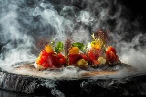 Smoked salmon tartar on wooden board with microgreens. photo