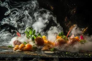 Smoked seafood appetizer with vegetables and spices on dark background. photo