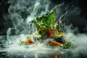 Smoked vegetable dish with garnish, dry ice. photo