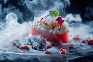 Smoked watermelon dessert with caviar, cream, and microgreens. photo