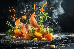 Spicy, colorful, plated dish with fresh herbs, vegetables, and seafood, with smoke and splashes. photo