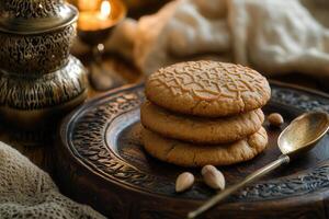 Stack of warm, textured cookies on a dark wooden plate, with pistachios and a vintage spoon, in a cozy, ambient setting with candles and a decorative metal container. photo