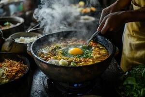Steaming hot pot with egg, herbs, and meat, being stirred by a chef. photo