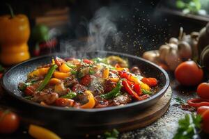 Steaming hot sizzling meat and vegetable stir-fry in a cast iron pan. photo