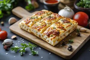 Baked cheesy breadsticks on wooden board with herbs and spices. photo