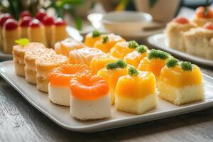 Assorted mini desserts on a white platter. photo