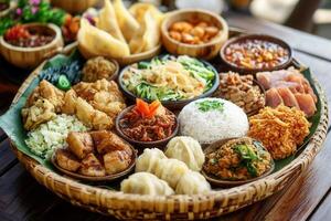 A large platter of assorted Asian cuisine, including rice, various vegetables, meats, and dumplings. photo