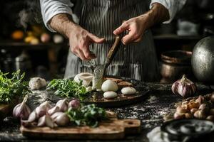 Chef preparing food, slicing onions, herbs, garlic. photo