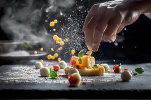 Chef preparing gourmet dessert with fruit, cheese, and spices. photo