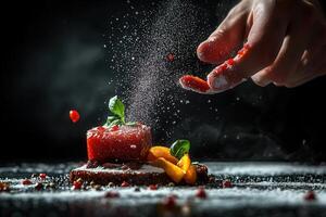 Chef preparing gourmet tuna dish with spices. photo