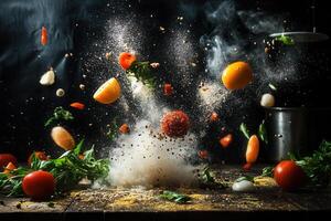 Exploding vibrant vegetables and spices in mid-air, culinary explosion. photo