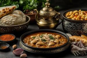 Delicious Middle Eastern stew with chickpeas, bread, and spices in ornate bowls. photo