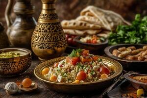 Delicious Middle Eastern rice dish with assorted appetizers, served in decorative plates, surrounded by traditional utensils. photo