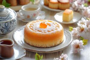 Delicious orange cake on plate with tea and pastries. photo