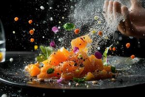 Delicious salmon dish with colorful spices being sprinkled. photo