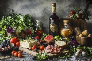 Rustic still life of cheese, salami, bread, wine, and fresh vegetables. photo