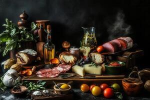 Rustic still life of assorted Italian food, including meats, cheeses, bread, vegetables, and herbs. photo