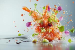 Exquisite seafood dish with vibrant colors and textures, showcasing shrimp, salmon, and avocado, presented in a visually stunning, artistic style, with splashes and droplets. photo