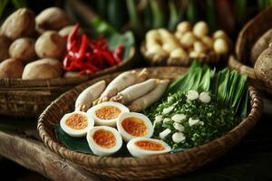 Assorted Asian ingredients, eggs, herbs, and spices in rustic baskets. photo
