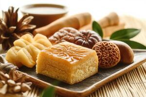 Assorted delicious Asian pastries and tea on a rustic wooden surface. photo