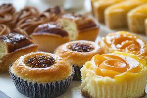 Assorted pastries, mini cakes, and tarts displayed on a white tray. Close-up view of various sweet baked goods, including round cakes filled with apricot jam and other fillings, showing textures and colors. photo