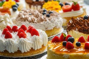 Assorted cakes and pastries, decorated with fresh fruit and whipped cream, displayed in a bakery or cafe. photo