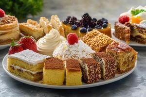 Assorted sweet pastries, cakes, and desserts on a platter. photo