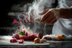 Chef artistically prepares a dish with flower petals and smoke. photo