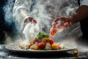Chef dramatically adding smoked salt to a vibrant salad. photo
