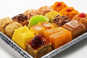 Assorted colorful pastries on a silver tray. photo
