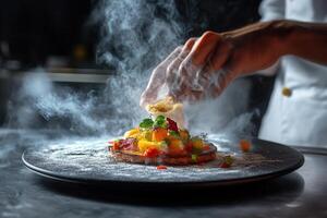 Chef plating a gourmet dessert with dry ice, creating a smoky effect. photo