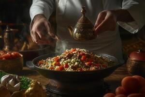 Chef preparing a flavorful dish of spiced rice with meat and vegetables in a large pan, steam rising. photo
