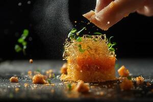 Close-up of a chef adding crispy topping to a gourmet appetizer. photo
