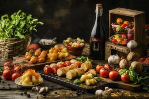 Delicious food arrangement with grilled sausages, tomatoes, and appetizers on rustic wooden table. photo